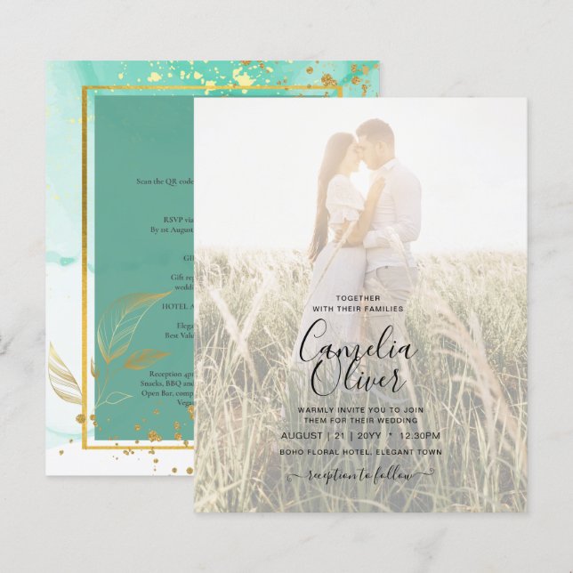 Mint Green Gold Alcohol Ink Abstract Wedding (Front/Back)