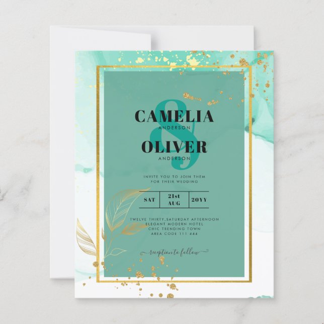 Mint Green Gold Alcohol Ink Abstract Wedding (Front)