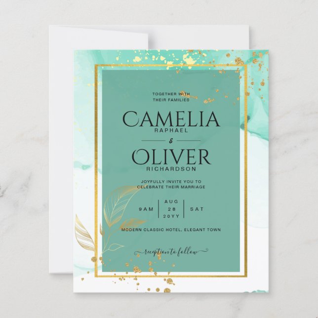 Mint Green Gold Alcohol Ink Abstract Wedding (Front)