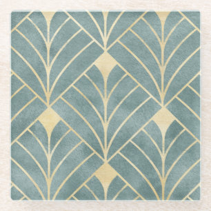 Mint Green,gold,Art Deco pattern,vintage,retro ,Me Glass Coaster