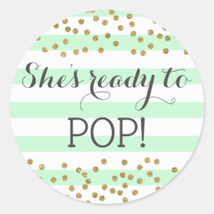 Mint Green Gold Baby Shower Sprinkle Ready to Pop Classic Round Sticker