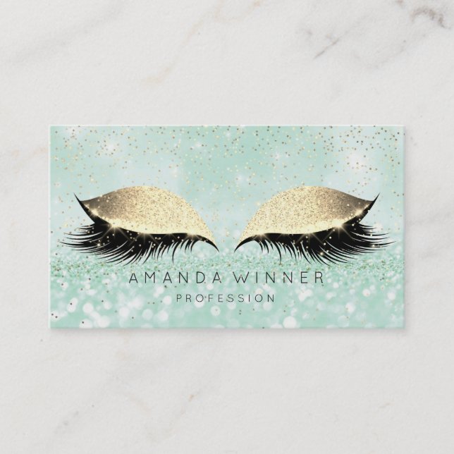 Mint Green Gold Blush Lashes Makeup Glitter Beauty Appointment Card (Front)