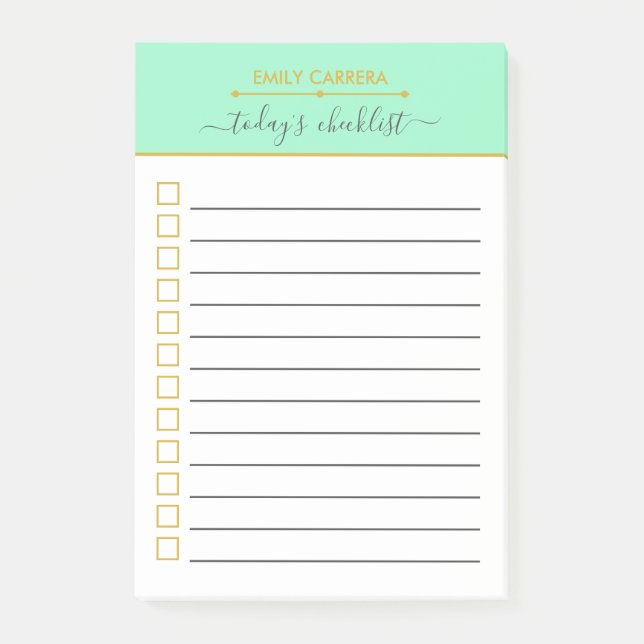 Mint Green Gold Checklist Personalized To do List Post-it Notes (Front)