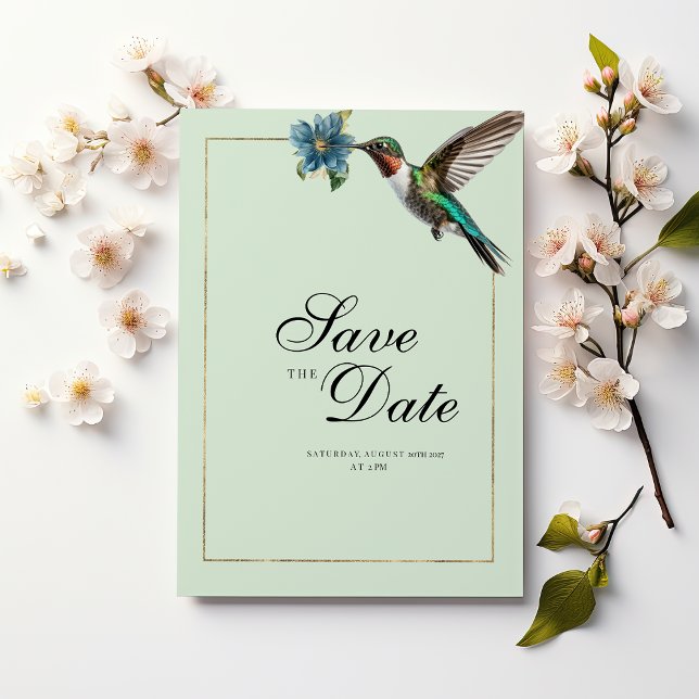 Mint green gold colourful hummingbird Save The Dat Invitation (Mint green gold colorful hummingbird Save The Date)