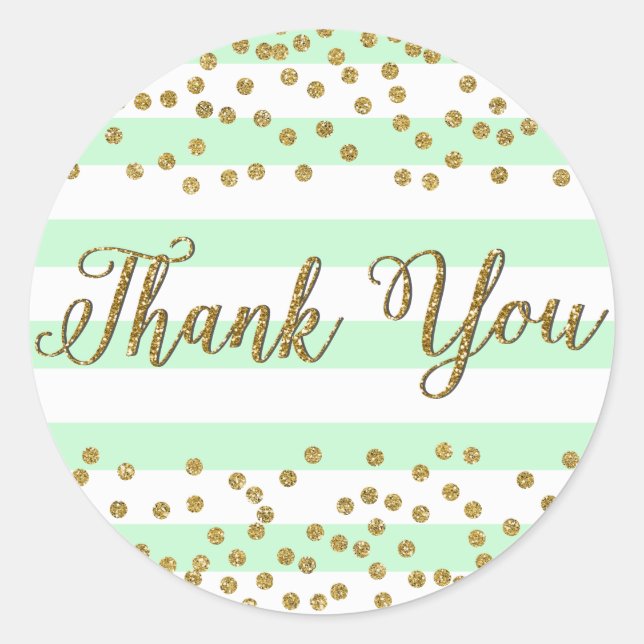 Mint Green Gold Confetti Stripes Party Thank You Classic Round Sticker (Front)
