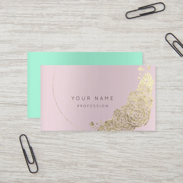 Mint Green Gold Flower Botanical Amethst Pink Mauv Business Card (Front/Back In Situ)