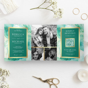 Mint Green Gold Fluid Ink QR Code Wedding Tri-Fold Invitation
