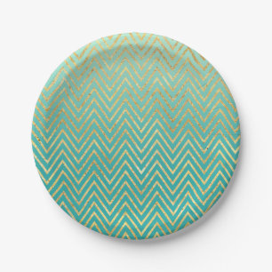 Mint Green Gold Glam Chevron Ombre Paper Plate