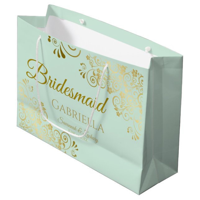 Mint Green & Gold Lace Elegant Bridesmaid Large Gift Bag (Front Angled)