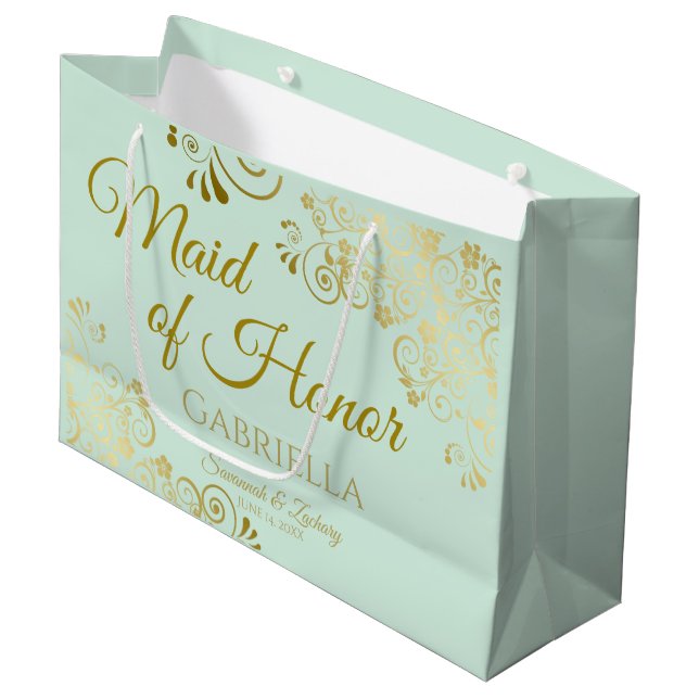 Mint Green & Gold Lace Maid of Honour Chic Wedding Large Gift Bag (Front Angled)
