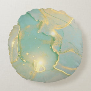 Mint Green Gold Marble: Textured Round Pillow