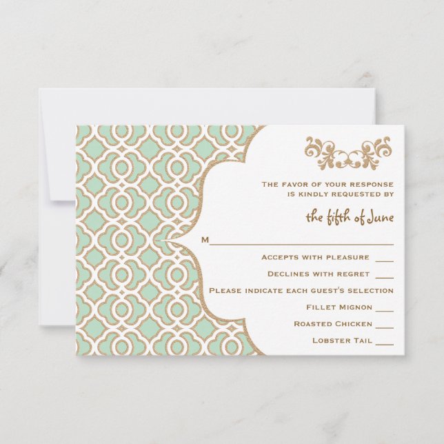 Mint Green Gold Moroccan Wedding Response Cards (Front)