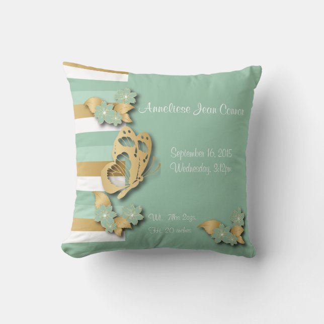 Mint Green & Gold Stripes with Butterfly for Baby Throw Pillow (Front)