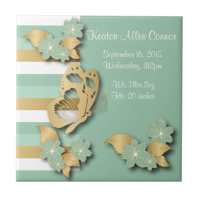 Mint Green & Gold Stripes with Butterfly for Baby Tile (Front)