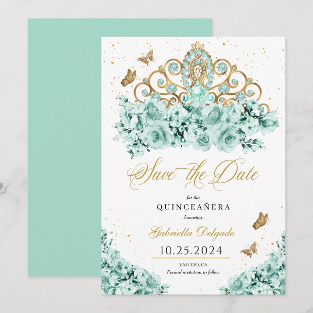 Mint Green & Gold Tiara Save The Date Quinceañera Invitation (Front/Back)