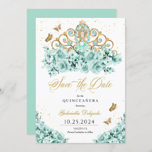 Mint Green & Gold Tiara Save The Date Quinceañera Invitation