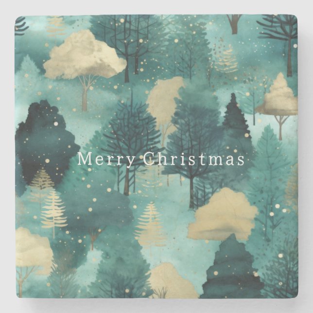 Mint Green Gold Trees Christmas Stone Coaster (Front)