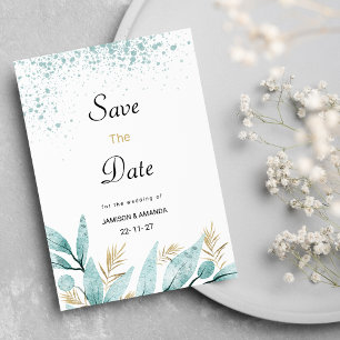 Mint green gold watercolor foliage Save The Date Invitation