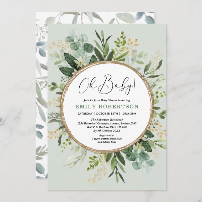 Mint Green Gold Watercolor Greenery Baby Shower Invitation (Front/Back)