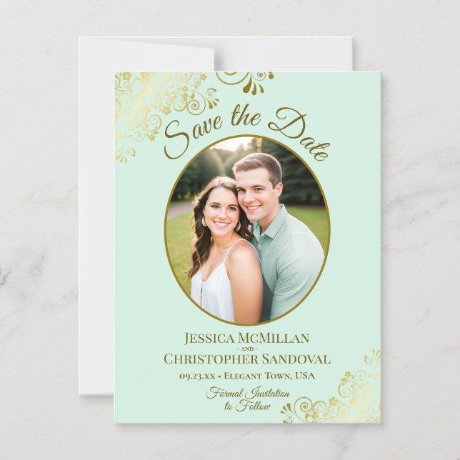 Mint Green & Gold Wedding Save the Date Oval Photo Magnetic Invitation (Front)