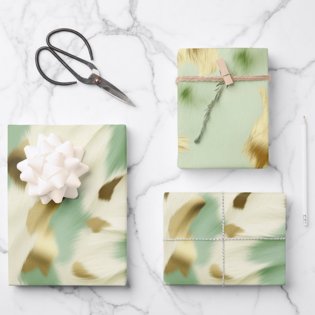 Mint Green Gold White Cowhide Wrapping Paper Sheet (Front)