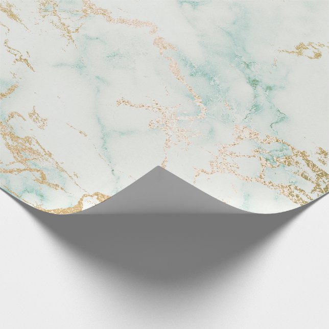 Mint Green Gold White Grey Marble Stone Brushes Wrapping Paper (Corner)
