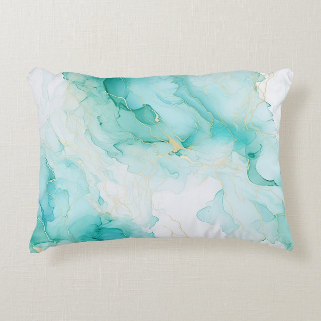 Mint Green Gold White Marble Accent Pillow (Front)