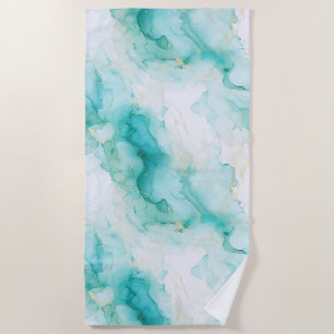 Mint Green Gold White Marble Beach Towel