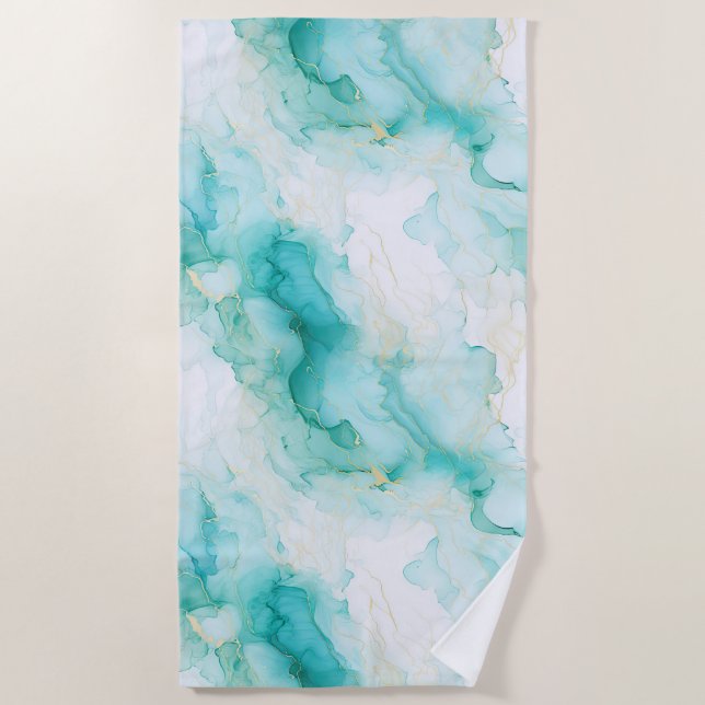 Mint Green Gold White Marble Beach Towel (Front)