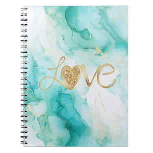Mint Green Gold White Marble Glitter Love Heart Notebook