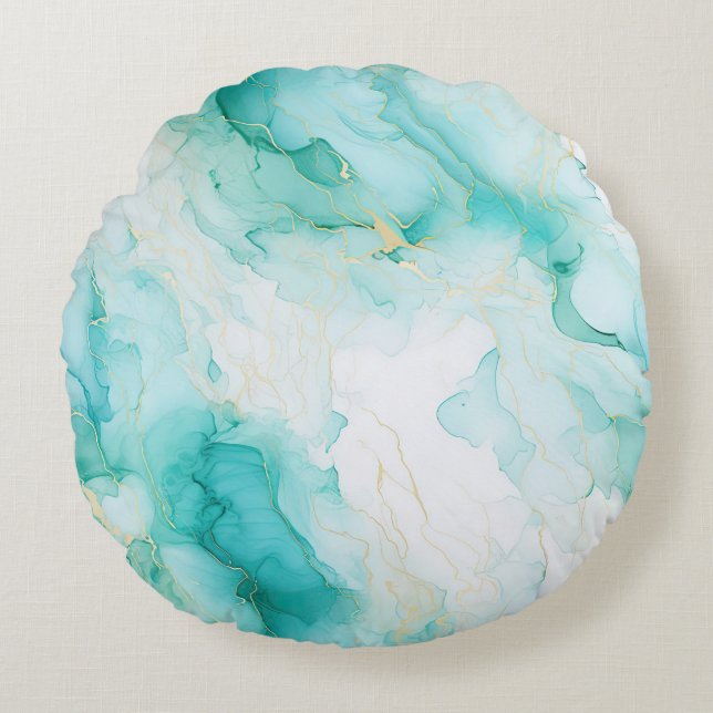 Mint Green Gold White Marble Round Pillow (Front)