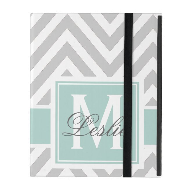 MINT GREEN, GRAY CHEVRON PATTERN PERSONALIZED iPad CASE (Front Closed)