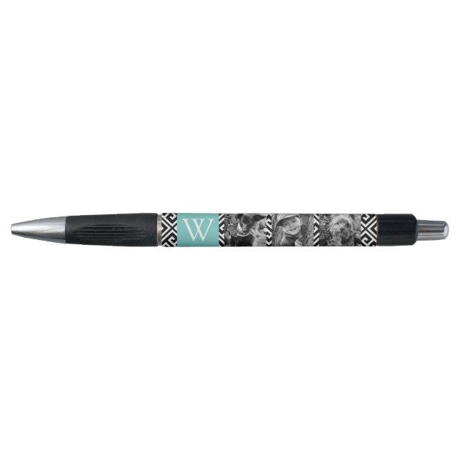 Mint Green Greek Key and Monogram Photo Collage Pen (Front)