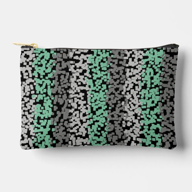 Mint green, grey, black digital pixelated stripes accessory pouch (Front)