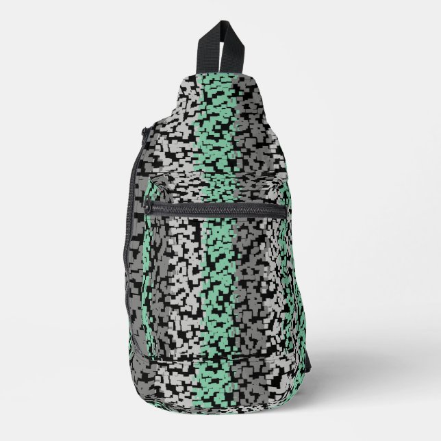 Mint green, grey, black digital pixelated stripes sling bag (Front)
