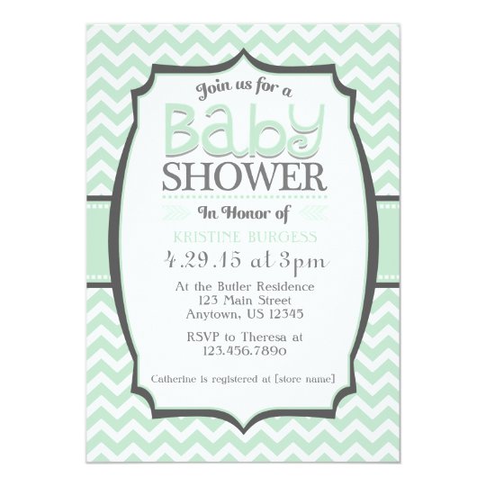 Mint Green Grey Chevron Baby Shower Invitation