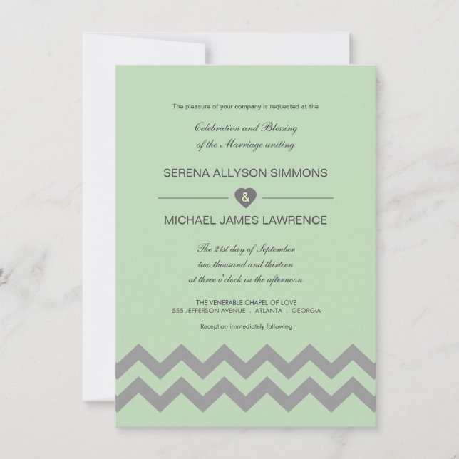 Mint Green & Grey Chevron Wedding Invitations (Front)