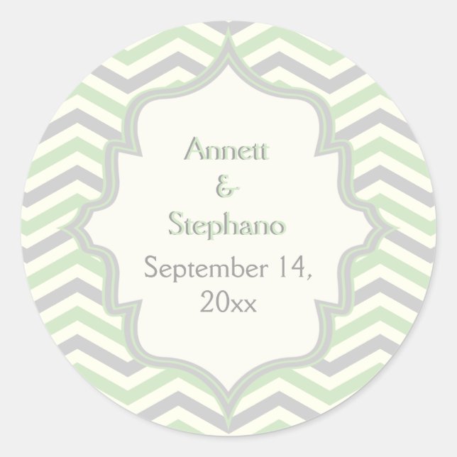 Mint green, grey chevron wedding Save the Date Classic Round Sticker (Front)
