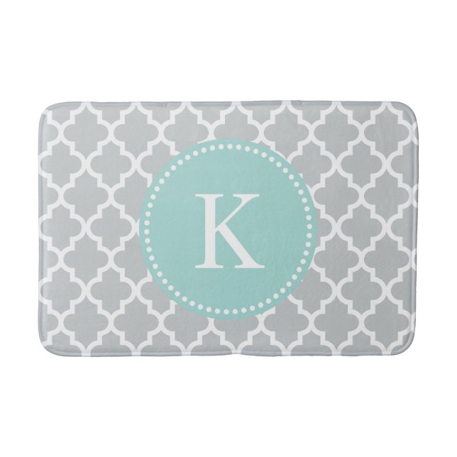 Mint Green Grey Custom Monogram Quatrefoil Pattern Bath Mat (Front)