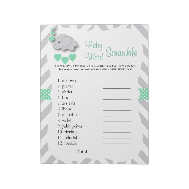 Mint Green & Grey Elephant Baby Shower Word Game Notepad (Rotated)