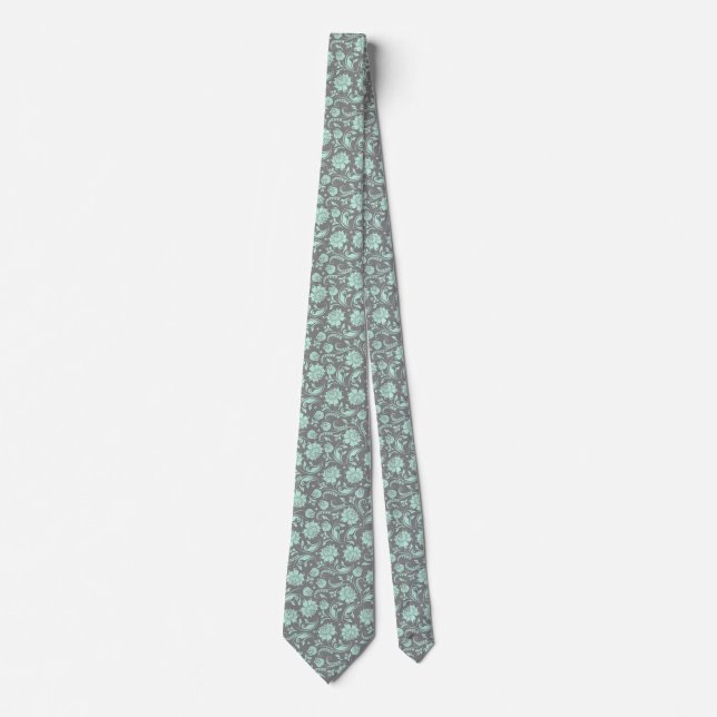 Mint-Green & Grey Floral Damasks Pattern Tie (Front)