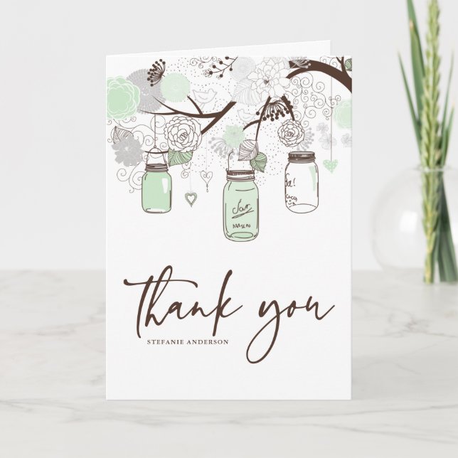Mint Green & Grey Floral Mason Jars Thank You Card (Front)
