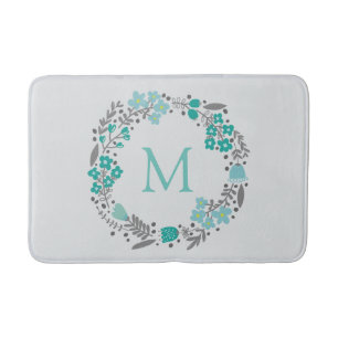 Mint Green Grey Floral Monogram Wreath Pattern Bath Mat