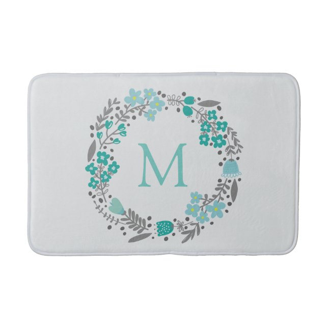 Mint Green Grey Floral Monogram Wreath Pattern Bath Mat (Front)