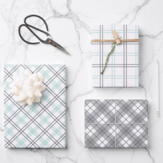 Mint Green & Grey Gingham Wrapping Paper Sheets (Front)
