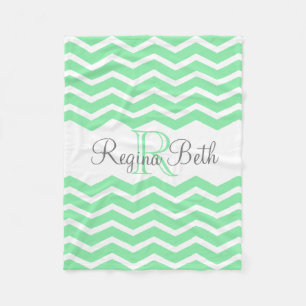 Mint Green Grey Monogram Name Keepsake Chevron Fleece Blanket