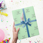 Mint green grey name script wrapping paper<br><div class="desc">A mint green background colour,  grey text. 
Personalize and add a name and age. Handwritten style script.</div>