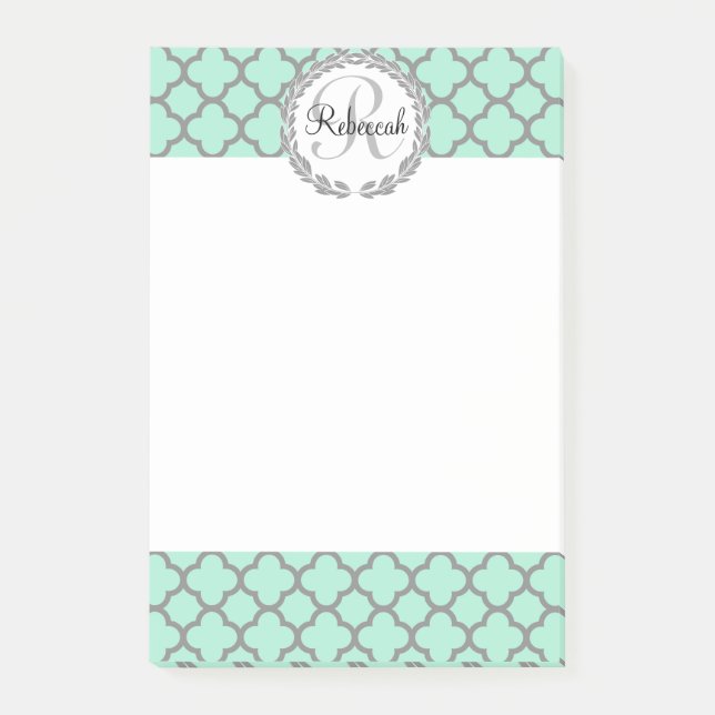 Mint Green Grey Personalized Name Monogram Post-it Notes (Front)