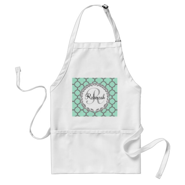 Mint Green Grey Quatrefoil Name Monogram Standard Apron (Front)