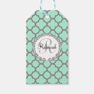 Mint Green Grey Quatrefoil Name Monogrammed Laurel Gift Tags
